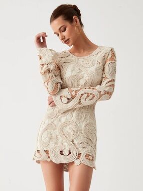 Commense Ivory Crochet Lace Long-Sleeve Mini Dress